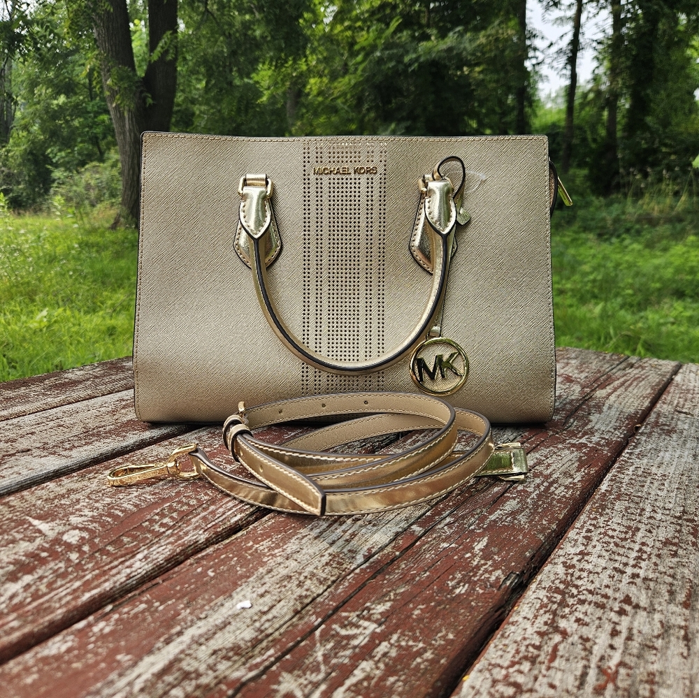 Michael Kors Gold Sheila Medium Metallic Satchel